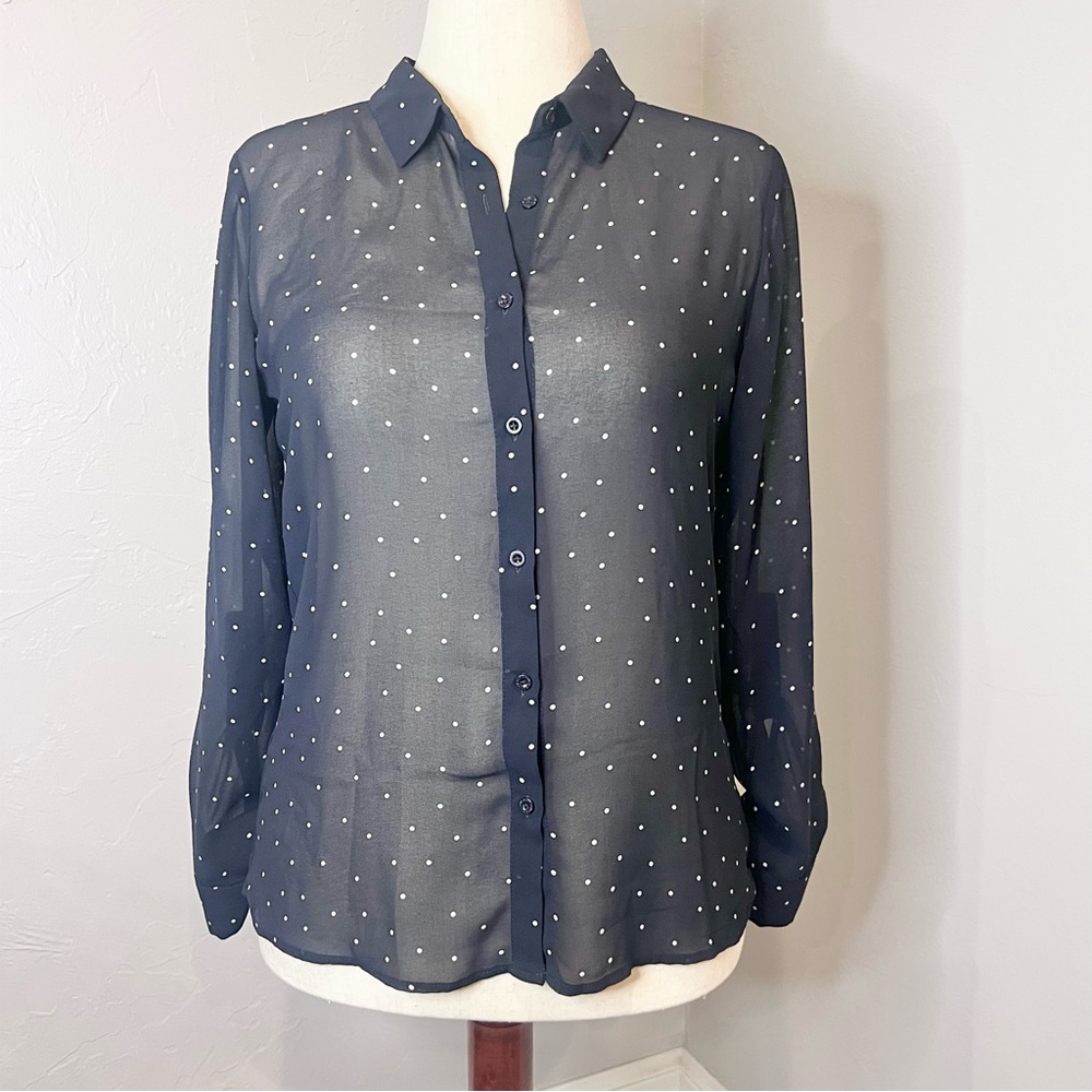 Sophie Rue Small Womens blouse Button Up Roll Tab Sleeve Black Polka Dot Sheer